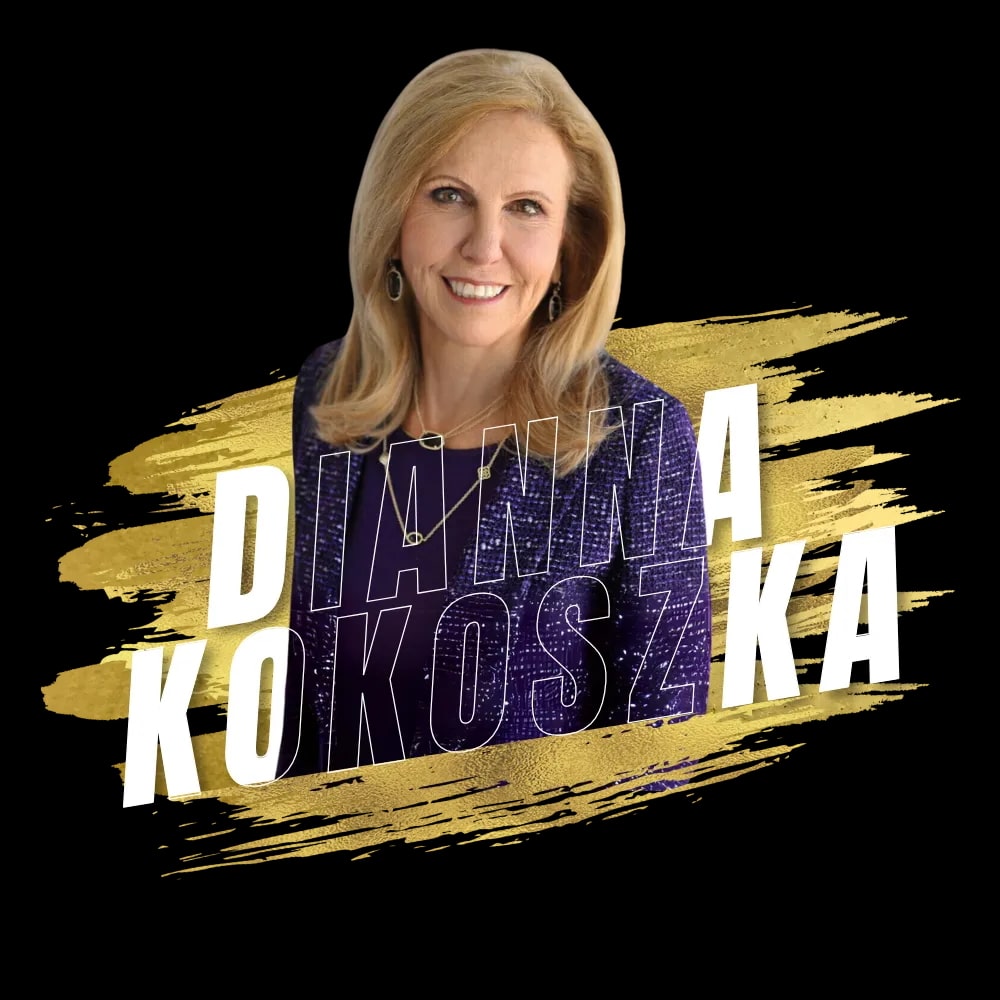 Portrait of Dianna Kokoszka smiling, set against a black background with bold gold paint-stroke graphics and her name displayed in large white and transparent lettering.