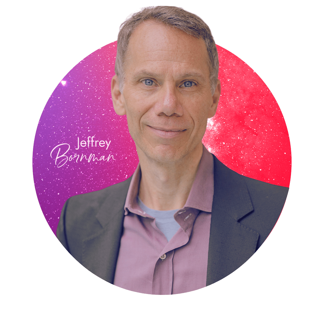 A professional headshot of Jeffrey Bornman smiling, wearing a blazer and collared shirt, set against a vibrant pink and purple starry background.